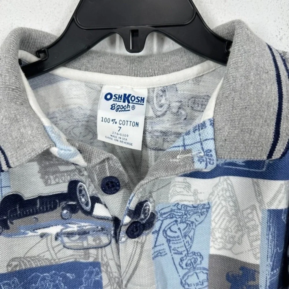 OshKosh B'gosh Vintage‎ Cars Print Long Sleeve Polo Shirt Size 7 Retro Vintage